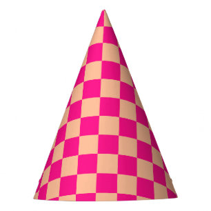 Chequered squares peach hot pink geometric retro party hat
