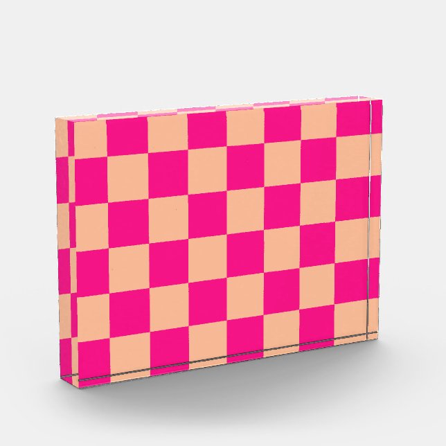 Chequered squares peach hot pink geometric retro photo block (Left)