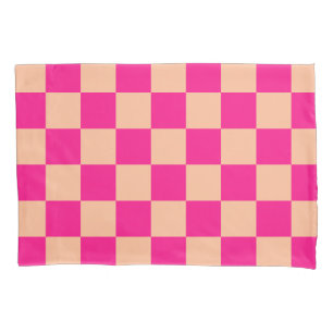 Chequered squares peach hot pink geometric retro pillowcase