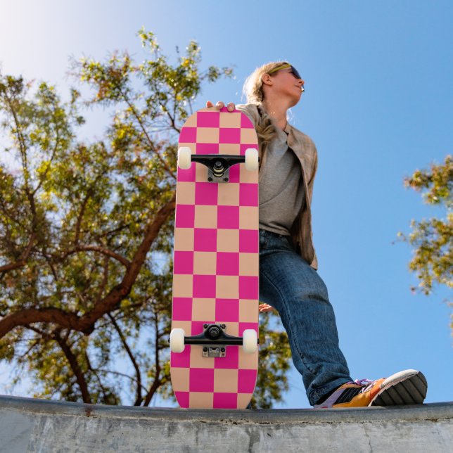 Chequered squares peach hot pink geometric retro skateboard (Outdoor 1)
