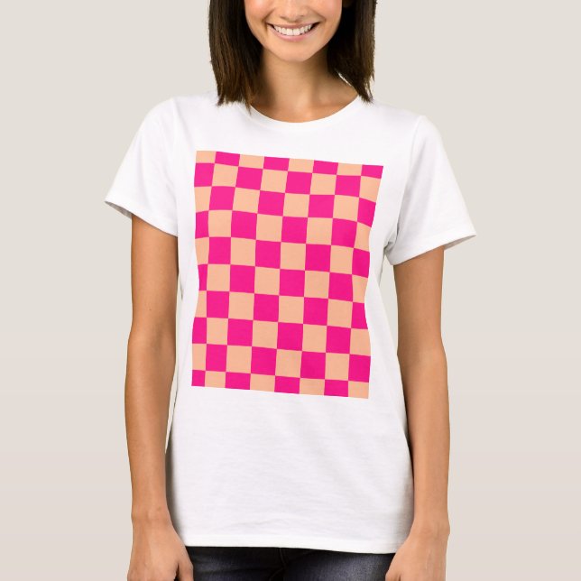 Chequered squares peach hot pink geometric retro T-Shirt (Front)