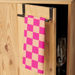 Chequered squares peach hot pink geometric retro tea towel