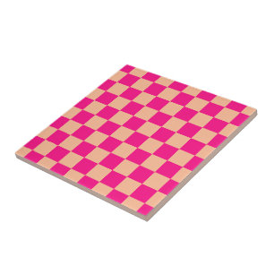 Chequered squares peach hot pink geometric retro tile