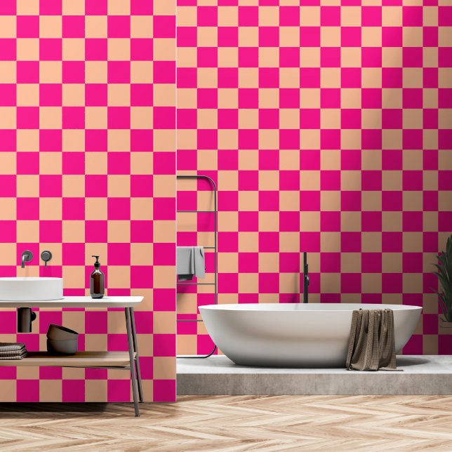 Chequered squares peach hot pink geometric retro wallpaper (Bathroom)
