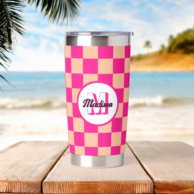 Chequered squares peach hot pink retro Monogram Insulated Tumbler (Beach)