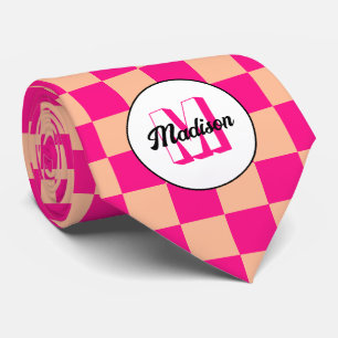 Chequered squares peach hot pink retro Monogram Tie