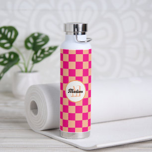 Chequered squares peach hot pink retro Monogram Water Bottle