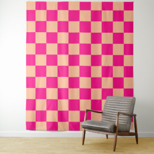 Chequered squares peach hot pink retro tapestry