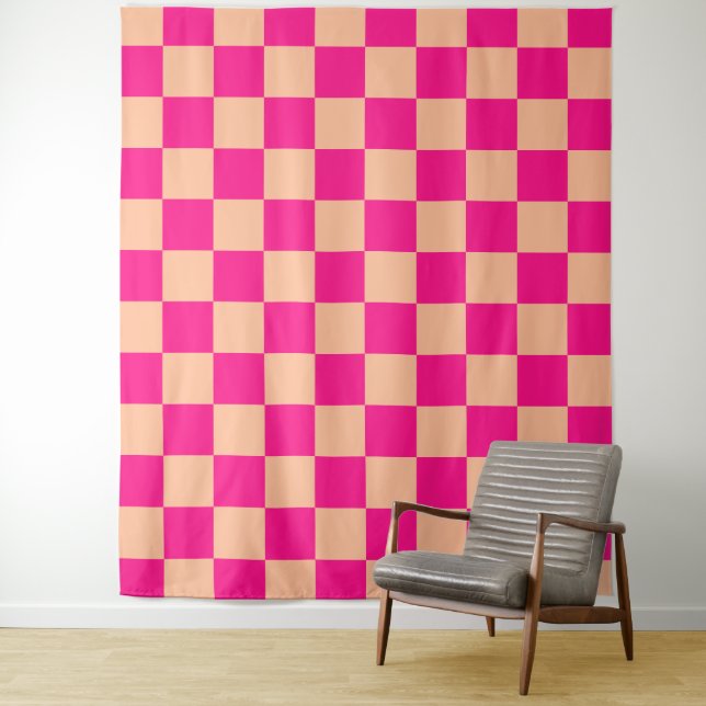 Chequered squares peach hot pink retro tapestry (In Situ)