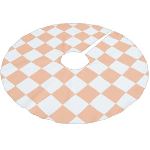 Chequered squares peach orange white geometric brushed polyester tree skirt