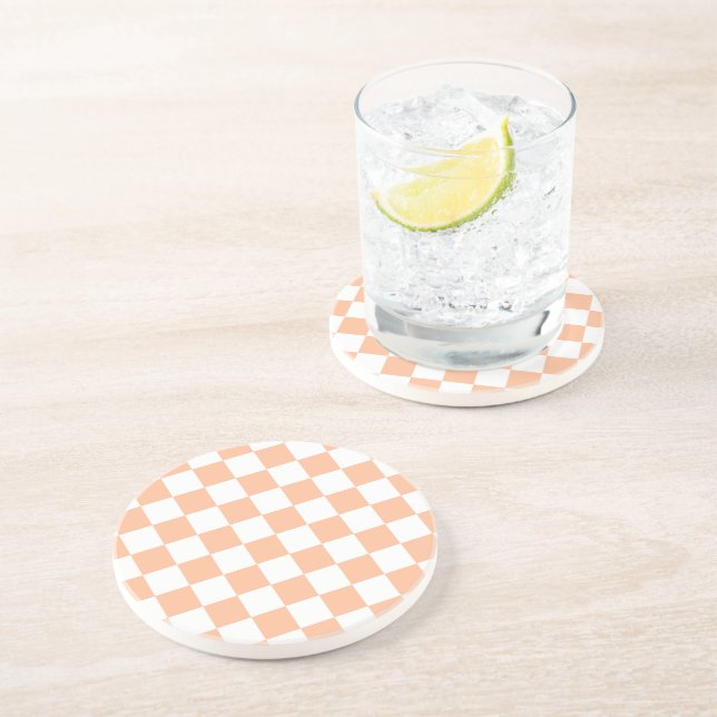 Chequered squares peach orange white geometric coaster (Side)