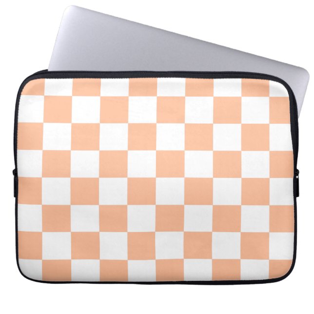 Chequered squares peach orange white geometric laptop sleeve (Front)