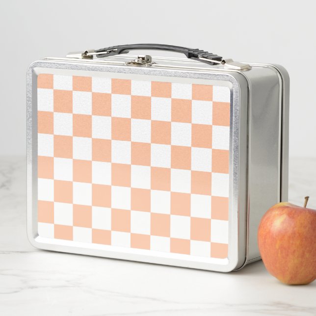 Chequered squares peach orange white geometric metal lunch box (In Situ)