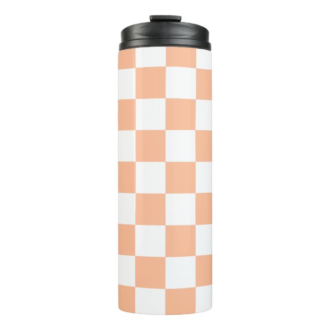 Chequered squares peach orange white geometric thermal tumbler (Front)