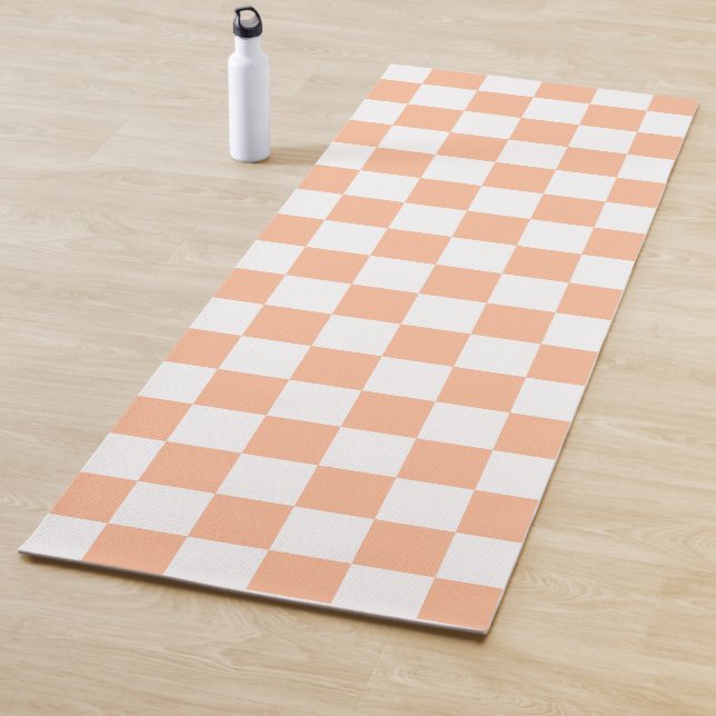 Chequered squares peach orange white geometric yoga mat (In Situ)