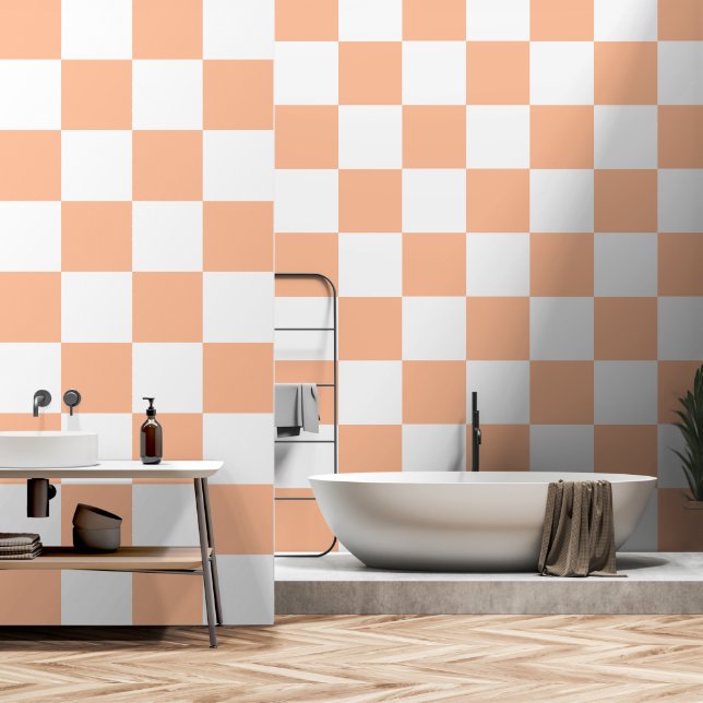 Chequered squares peach white geometric retro wallpaper (Bathroom)