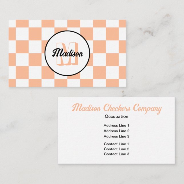 Chequered squares peach white retro Monogram Business Card (Front/Back)