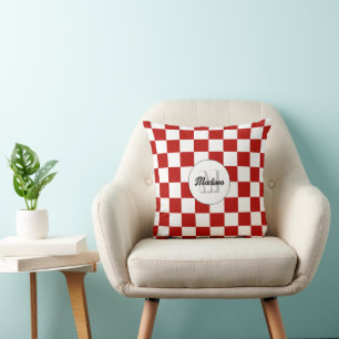Chequered squares Red and White retro Monogram Cushion