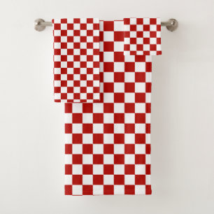 Chequered squares red white geometric retro bath towel set