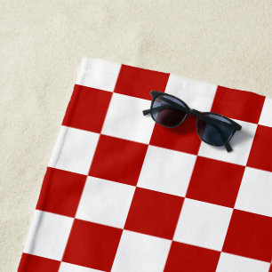 Chequered squares red white geometric retro beach towel