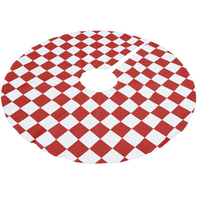 Chequered squares red white geometric retro brushed polyester tree skirt (Angled)