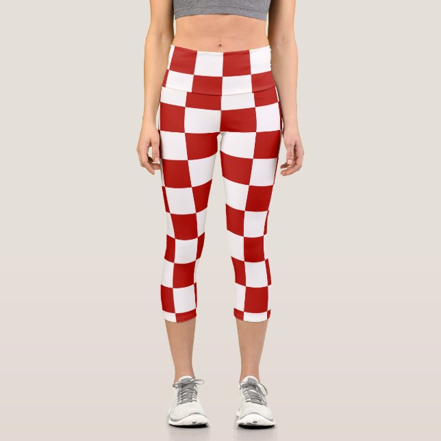 Chequered squares red white geometric retro capri leggings (Front)