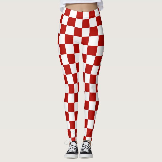 Chequered squares red white geometric retro leggings (Front)