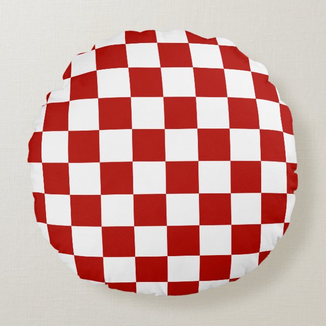 Chequered squares red white geometric retro round cushion (Front)