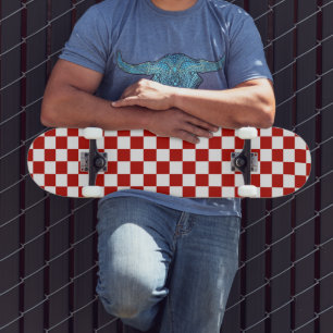 Chequered squares red white geometric retro skateboard
