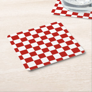 Chequered squares red white geometric retro square paper coaster