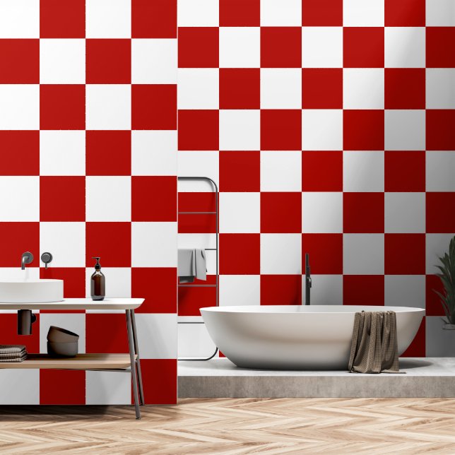 Chequered squares red white geometric retro wallpaper (Bathroom)
