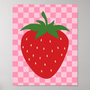 Chequered Strawberry Retro Fruit Pink And Red Poster