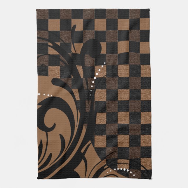 Chequered Swirly Pattern | Brown, Tan, Black Tea Towel (Vertical)