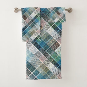 chequered, tartan, plaid, classic, blue, white bath towel set
