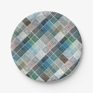 chequered, tartan, plaid, classic, blue, white paper plate