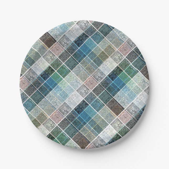 chequered, tartan, plaid, classic, blue, white paper plate (Front)