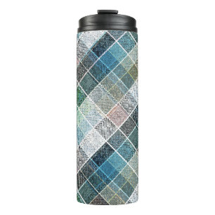 chequered, tartan, plaid, classic, blue, white thermal tumbler