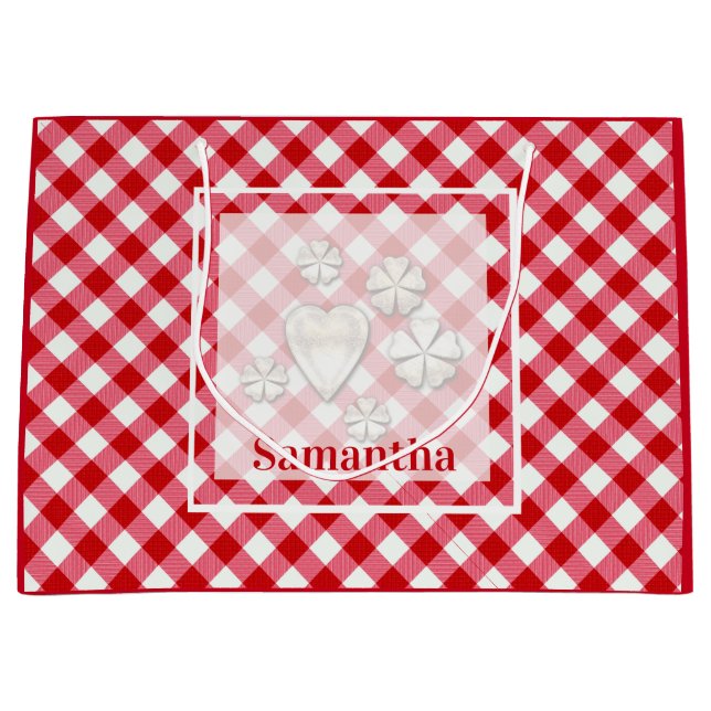 chequered tartan plaid classic red white texture large gift bag (Front)