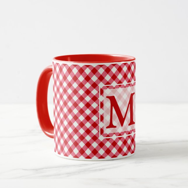 chequered tartan plaid classic red white texture mug (Front Left)