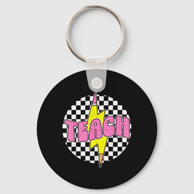Chequered Teach Pencil Lightning Bolt Back to Key Ring (Front)