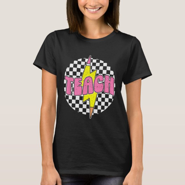 Chequered Teach Pencil Lightning Bolt Back To Scho T-Shirt (Front)