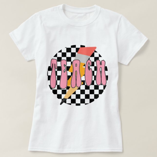 Chequered Teach Shirt, Retro Pencil Teacher Shirt, T-Shirt (Design Front)