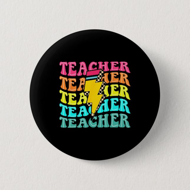 Chequered Teacher Bolt Lightning Back To School Te 6 Cm Round Badge (Front)