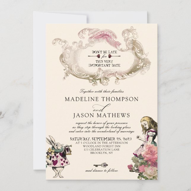 Chequered Teal Blush Alice in Wonderland Wedding Invitation (Front)