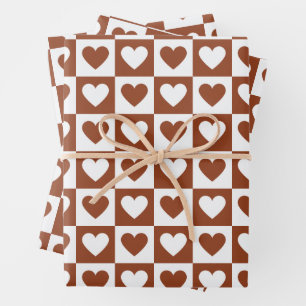 Chequered Terracotta Love Hearts Chequerboard Wrapping Paper Sheet
