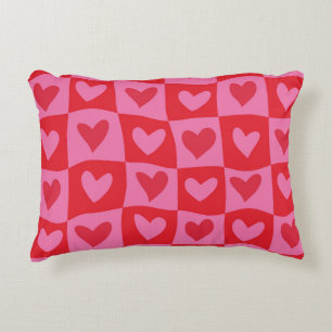 Chequered Warped Pink and Red Hearts Pattern  Decorative Cushion