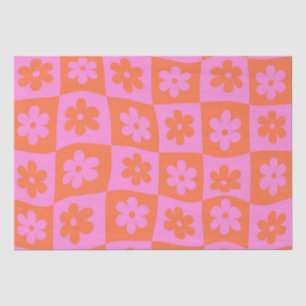 Chequered Warped Retro Pink and Orange Flowers Tissue Paper