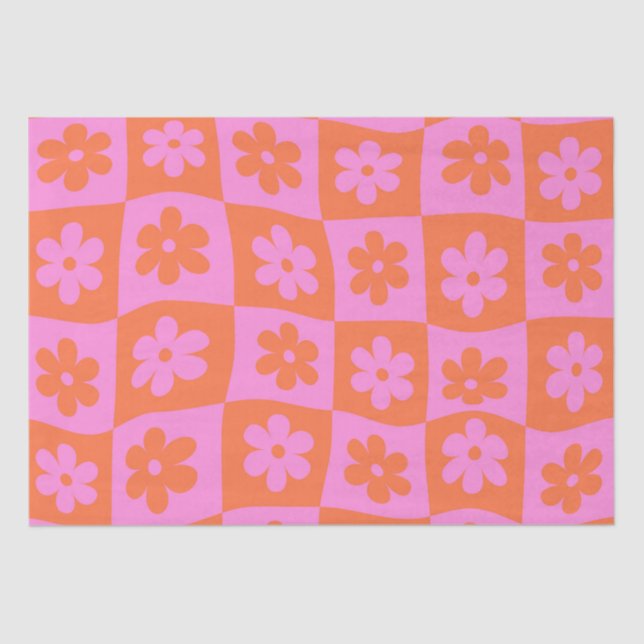 Chequered Warped Retro Pink and Orange Flowers Tissue Paper (Front)