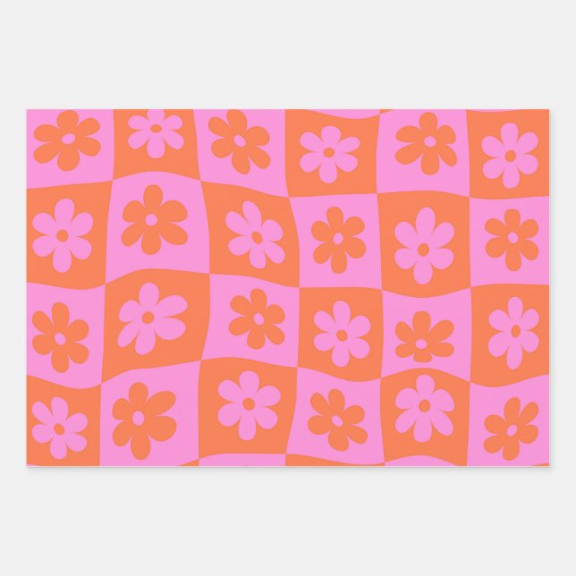 Chequered Warped Retro Pink and Orange Flowers Wrapping Paper Sheet (Front)