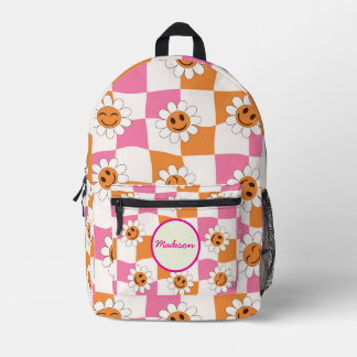 Chequered Warped Smiling flowers Custom Name Printed Backpack